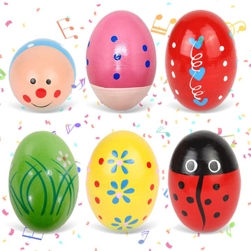 6 Pack Wooden Percussion Musical Easter Eggs Shakers - Colorful Hand-Painted Instruments For Kids, Ideal For Christmas Stocking