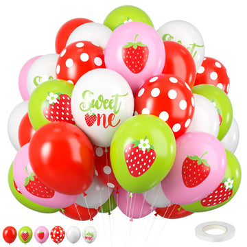 Strawberry Balloons, 12 Inch Strawberry Sweet One Party Balloons White Green Red Dots Balloons Strawberry Theme Party For Girls