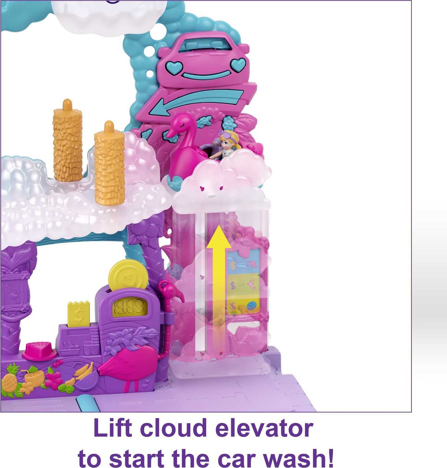 Polly Pocket Playset - Pollyville Flamingo Fun Car Wash with 2 Micro Dolls, Water Play Accessories, Multicolor, Model HHJ05
