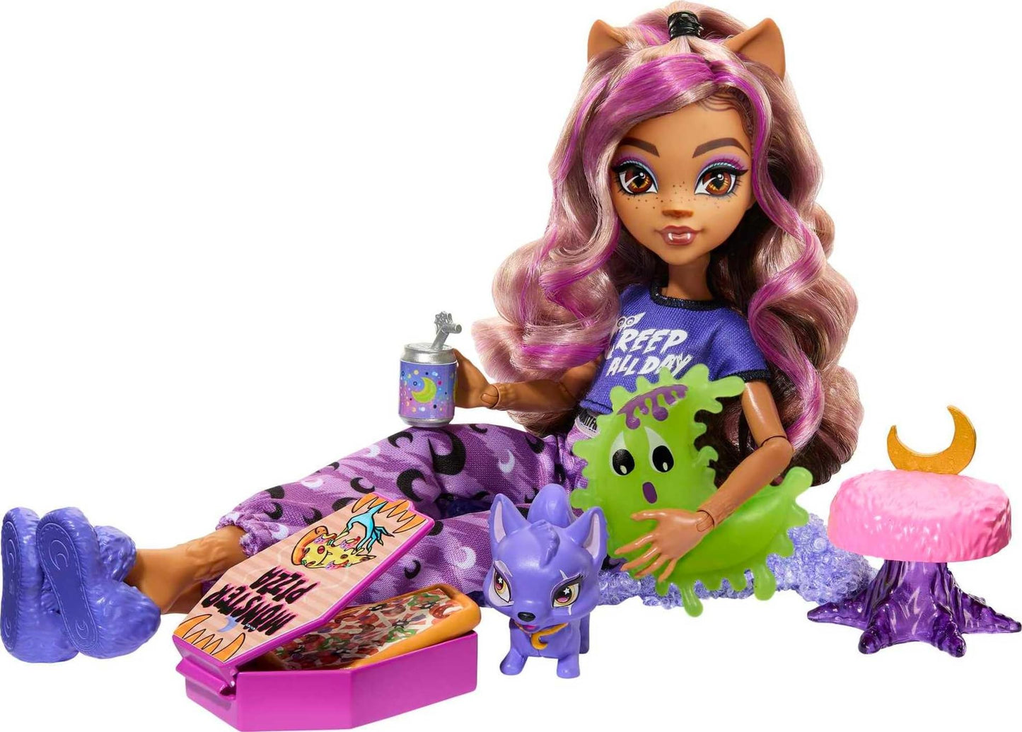 Monster High Creepover Party Doll - Clawdeen Wolf with Pet Dog Crescent, Sleepover Clothes, Accessories, Multicolor, Model HKY67