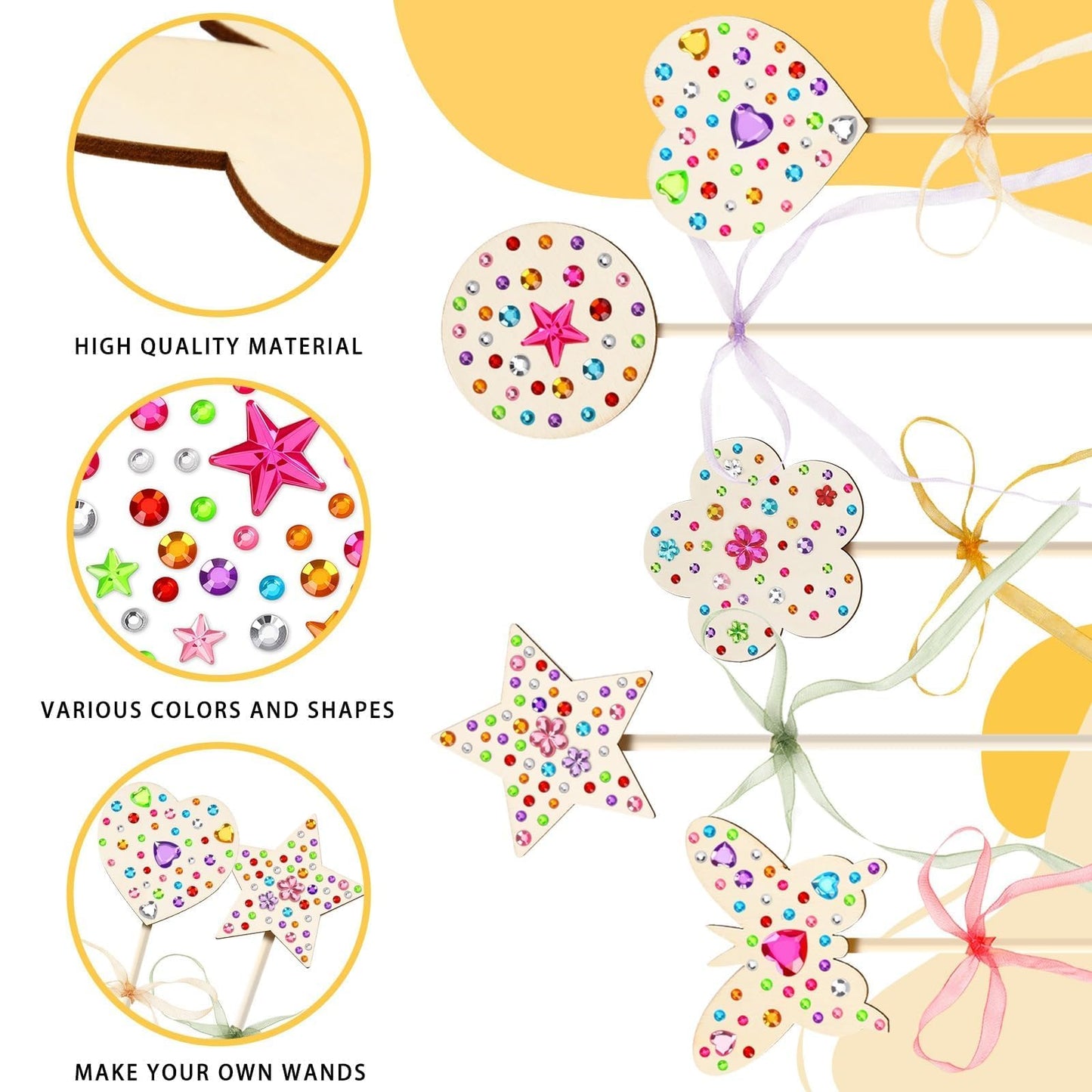 AUGSUN 43Pcs Princess Fairy Wands Kit, 20Pcs Wood Fairy Wands 20 Ribbons with 3 Sheets Gem Stickers Birthday Party Supplies Make