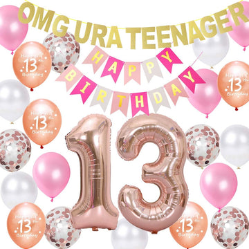 Rose Gold Omg Ur A Teenager Happy 13Th Birthday Banner Garland 13 Birthday Foil Balloons Teenager Confetti Balloons For Teen Gir