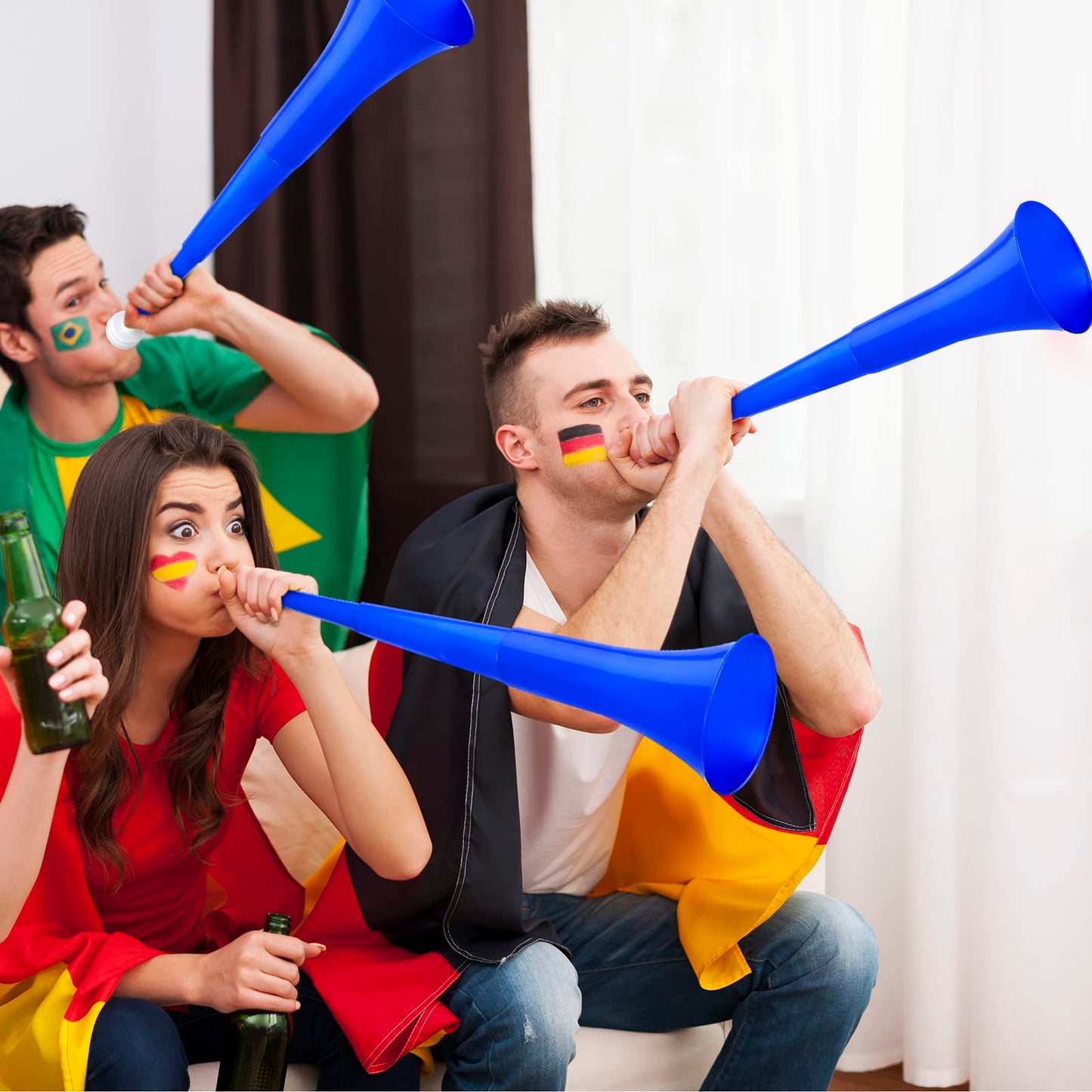 Sosation 4 Pieces Collapsible Stadium Horn 24 Inch Vuvuzela Plastic Trumpet Horn Blow Noisemakers For Sporting Events Graduation Games School Sports Party Supplies Favors Accessories(Blue)