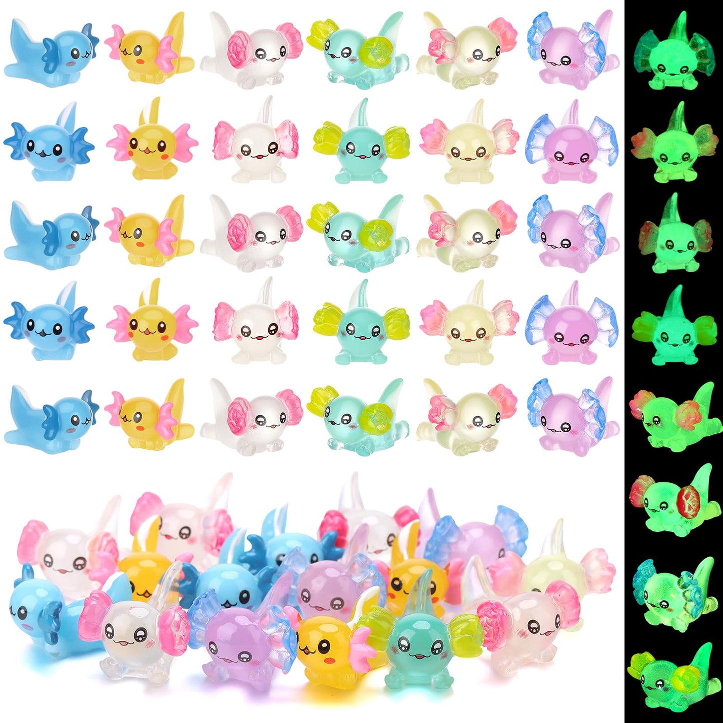 GGSTDDUP 30 Pcs Mini Resin Axolotl  Miniature Axolotl Figures to Hide  Unique Axolotl Ears in The Floral and White-Tailed Axolotl for Dollhouse Fairy Garden Landscape Aquarium (Some Styles Glowing)