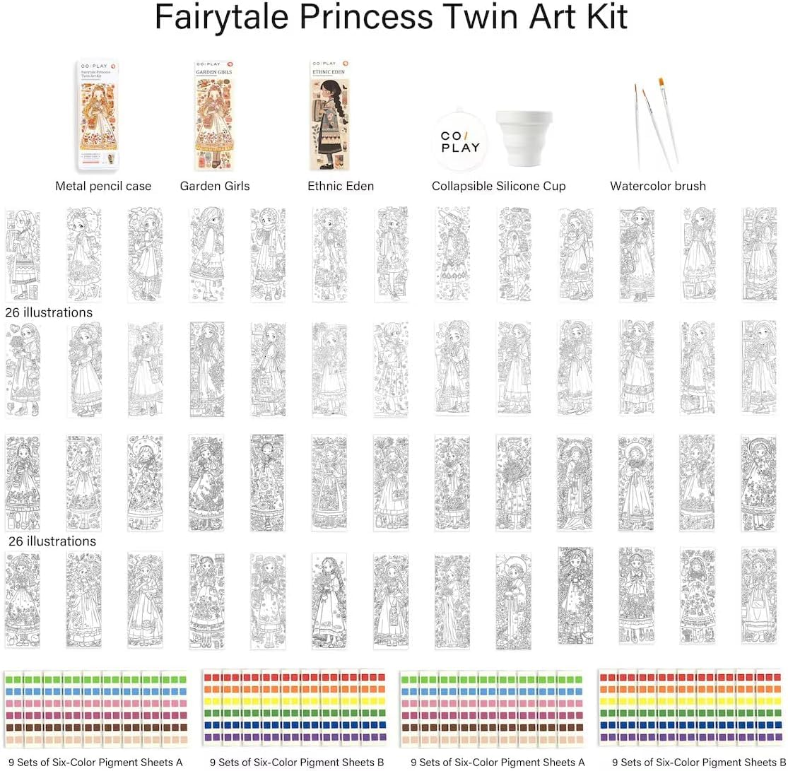 Coiplay 648 Color Blocks Watercolor Paint Set, 52-Bookmarks, 3 Brushes, Silicone Cup, Fairytale Princess Coloring Books, For All