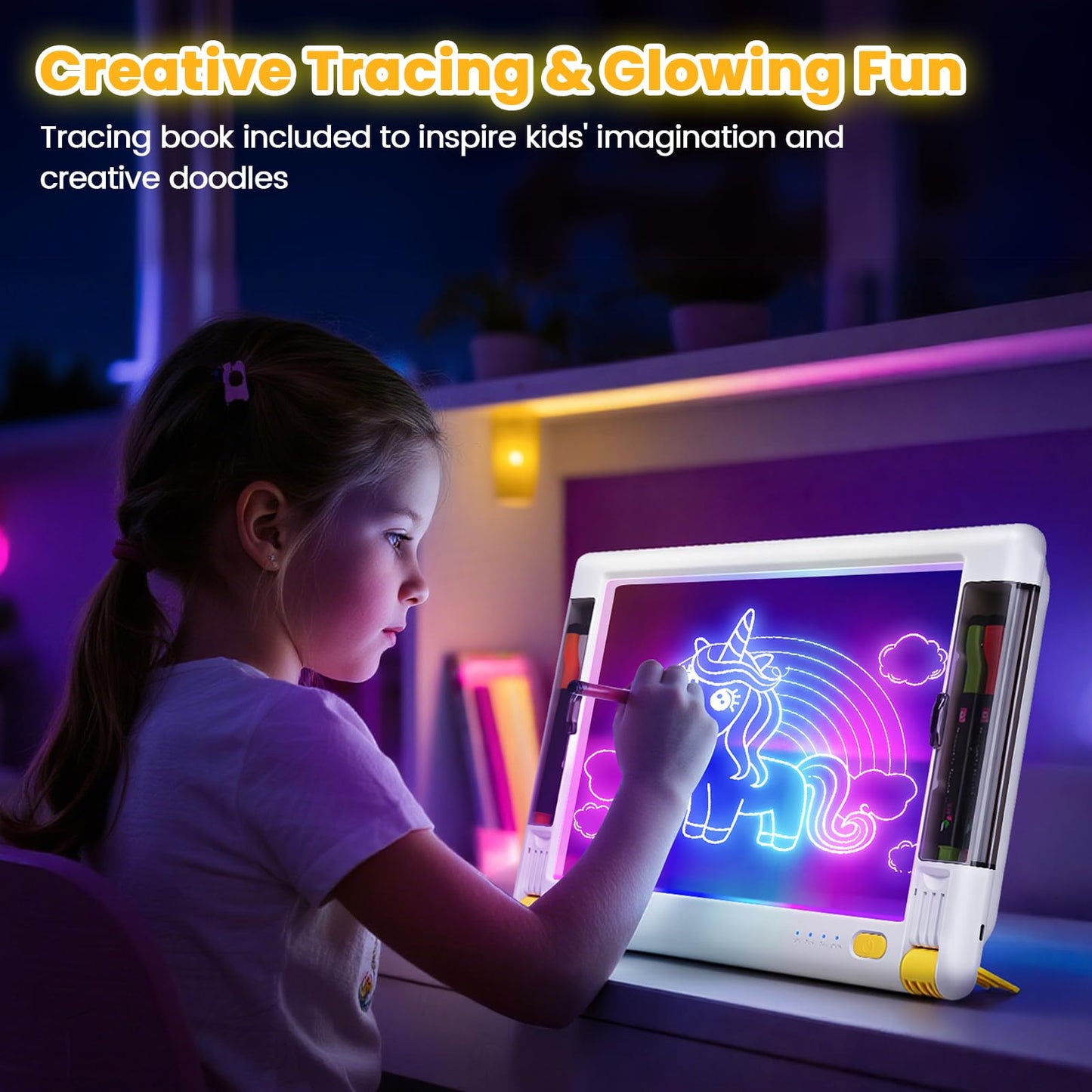 Geokay Rechargeable LED Drawing Board, 15-Inch Acrylic Tablet, 9-Color Light Modes, White, Includes 5 Markers & 10 Tracing Sheets