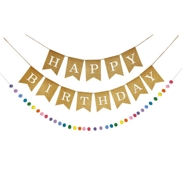 Natural Tan Burlap Happy Birthday Banner And Rainbow Pom Pom Garland, No Diy, Pre Strung And Ready To Hang, Faux Imitation Burla