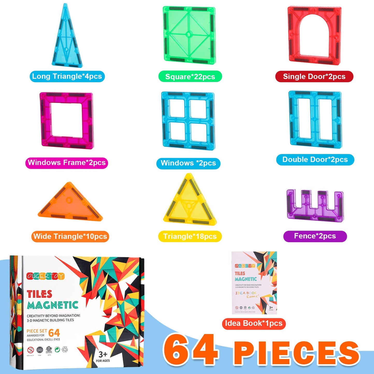 OugerToy Magnetic Building Tiles for Kids,64 PCS Educational Magnetic Stacking Blocks for Boys Girls, Magnets Construction Toys,