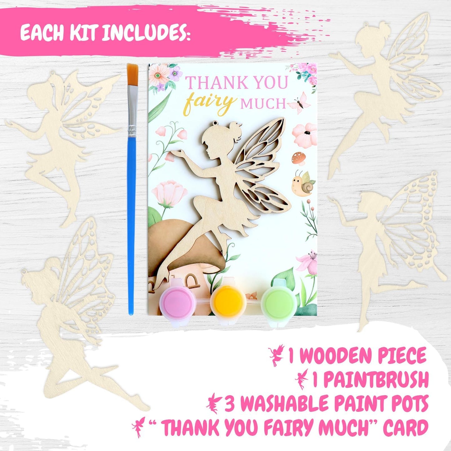 BOIKOKY 12 Pack Pre-Packaged Fairy Party Favors, Wooden Fairy Cutouts with Hanging Hole & Painting Kits for Girls, Magical DIY C