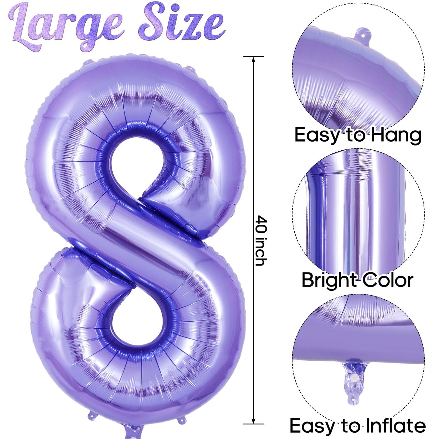 AIQINHU Purple Foil Number 8 Balloon, 40 Inch Giant Mylar for 8th Birthday Party Decorations