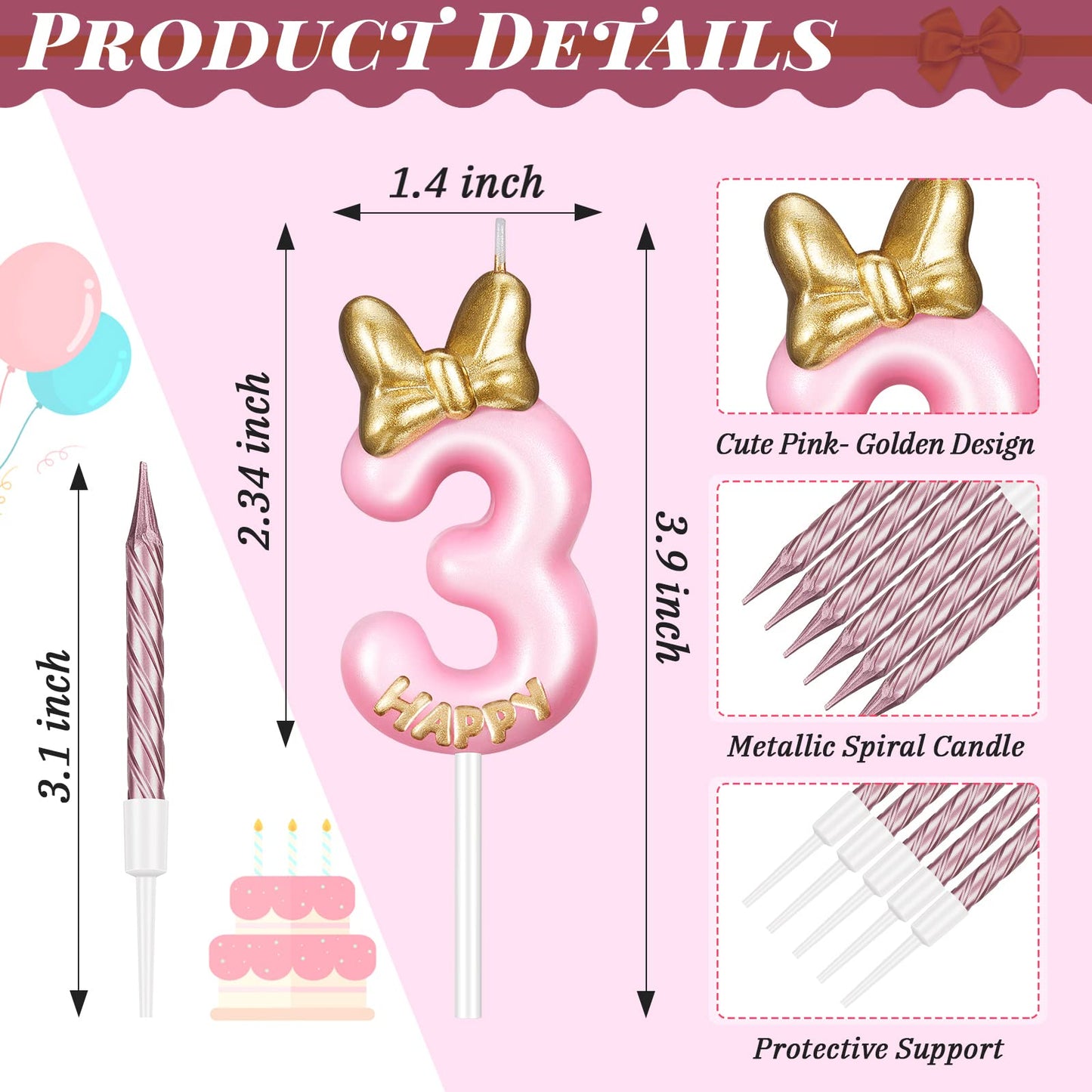 BBTO Number 3 Birthday Candle Pink Birthday Candle Girl with 10 Pieces Pink Candles Long Thin Cupcake Candles in Holders for Cak