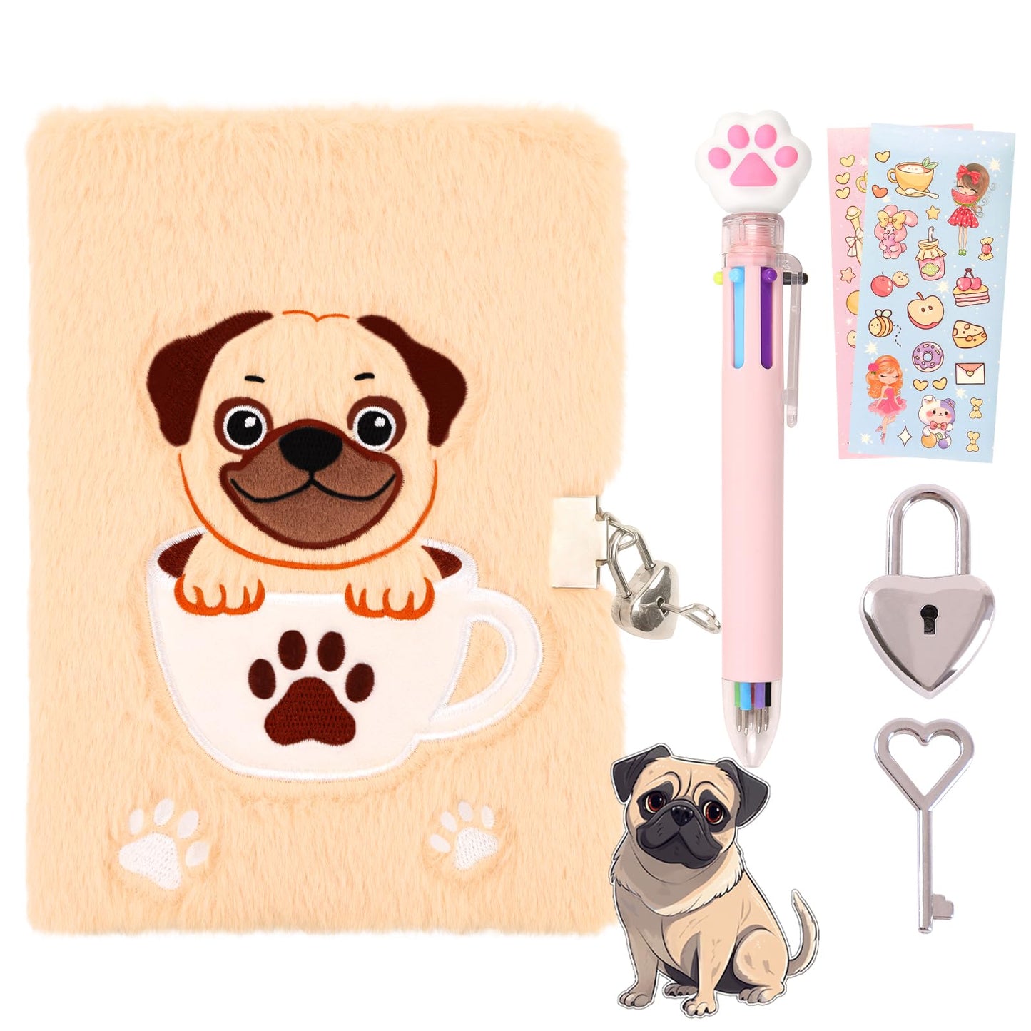 French bulldog Diary with Lock,Fluffy Dog Diary for 6 7 8 Year Old Girl,Kids Journal Notebook Gift Set with Multicolored Pen,Plu