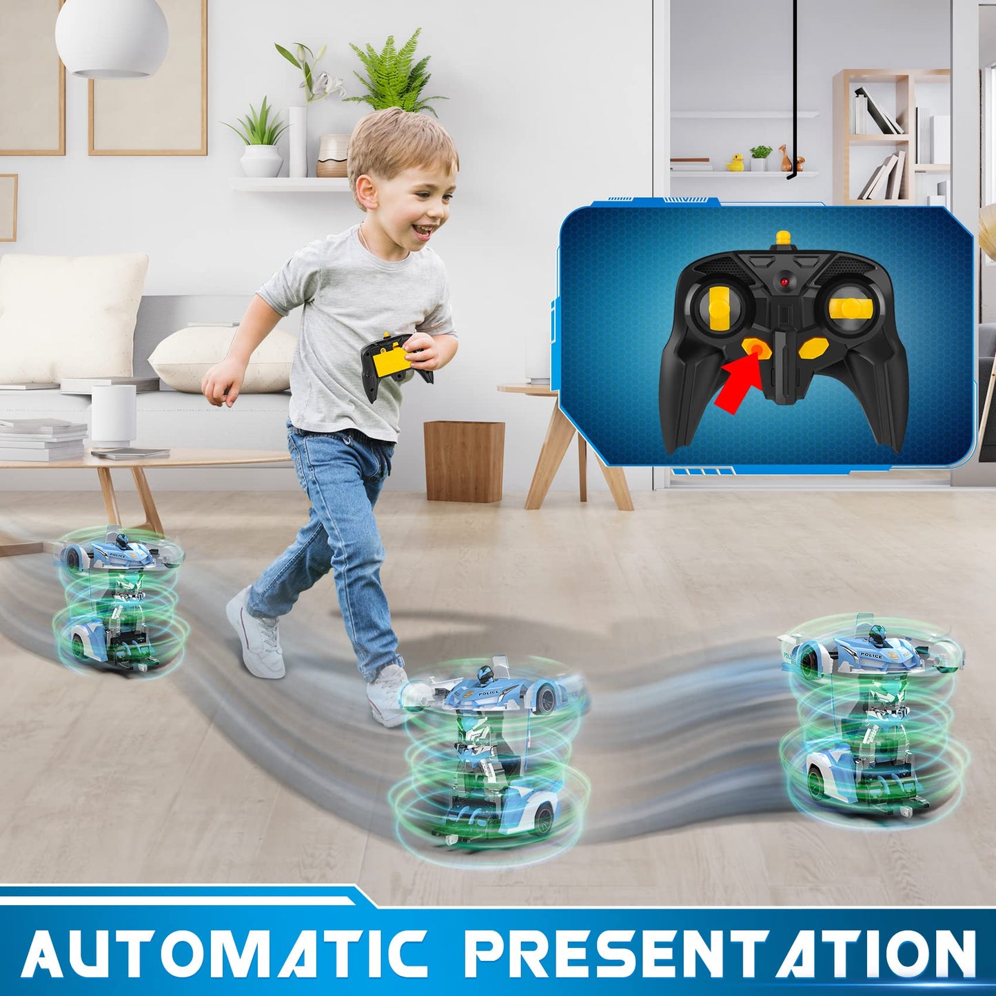 FDJ RC Cars - Transform Remote Control Car, 2.4Ghz 1:18 Scale Transforming Police Car Toy with Flashing Light, One Button Deform