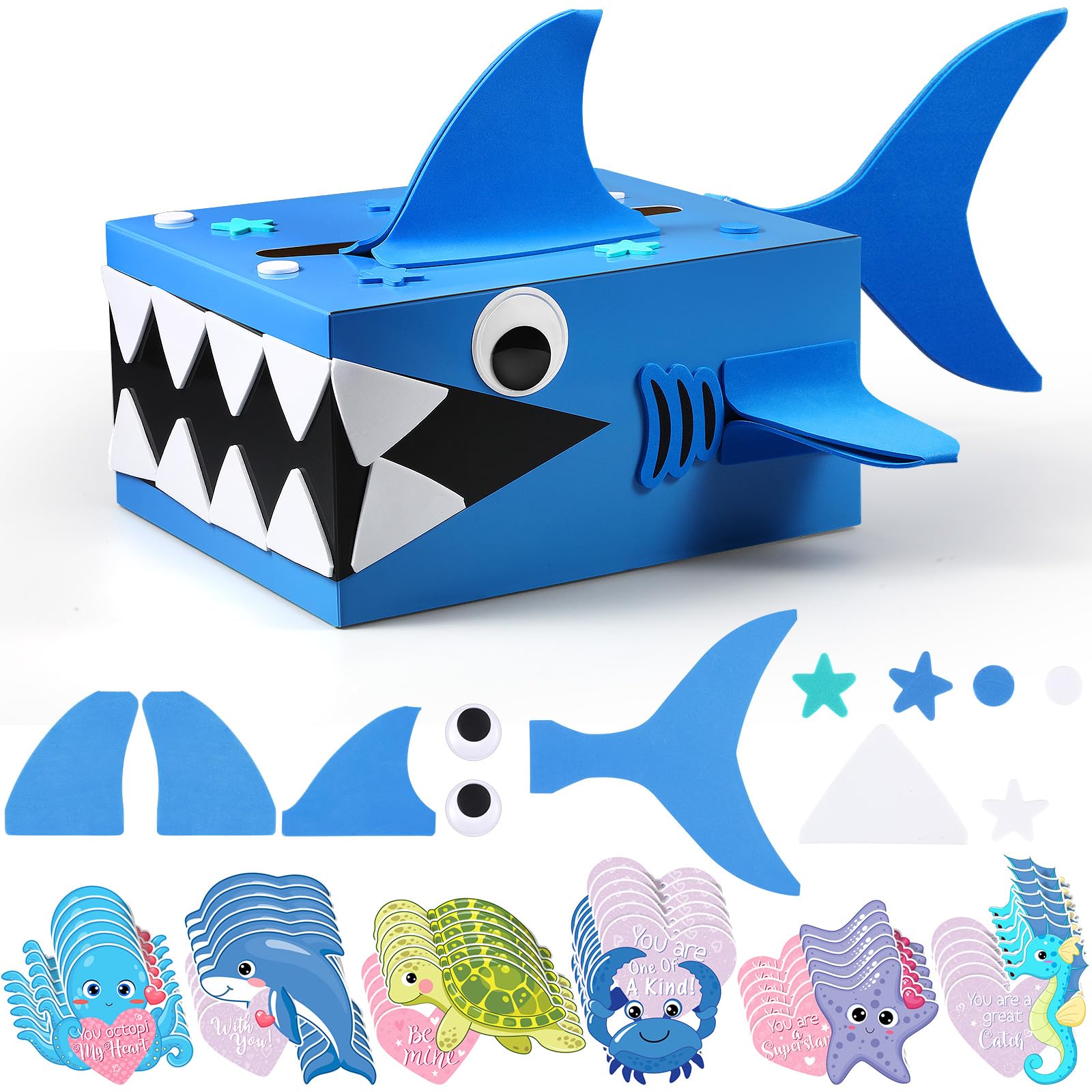 Pasimy DIY Valentines Box for Kids with 36 Sea Animal Cards Shark Valentine Box 3D Mailbox Craft Cards Collector for Boys Girls 