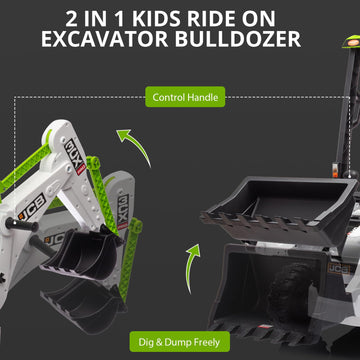 4 In 1 Ride On Excavator, 12V Licensed Jcb Excavator Ride On Toy With Remote Control, Front Loader, Horn And Eva Tires, 4 Transformable Forms Kids Excavator Digger, White
