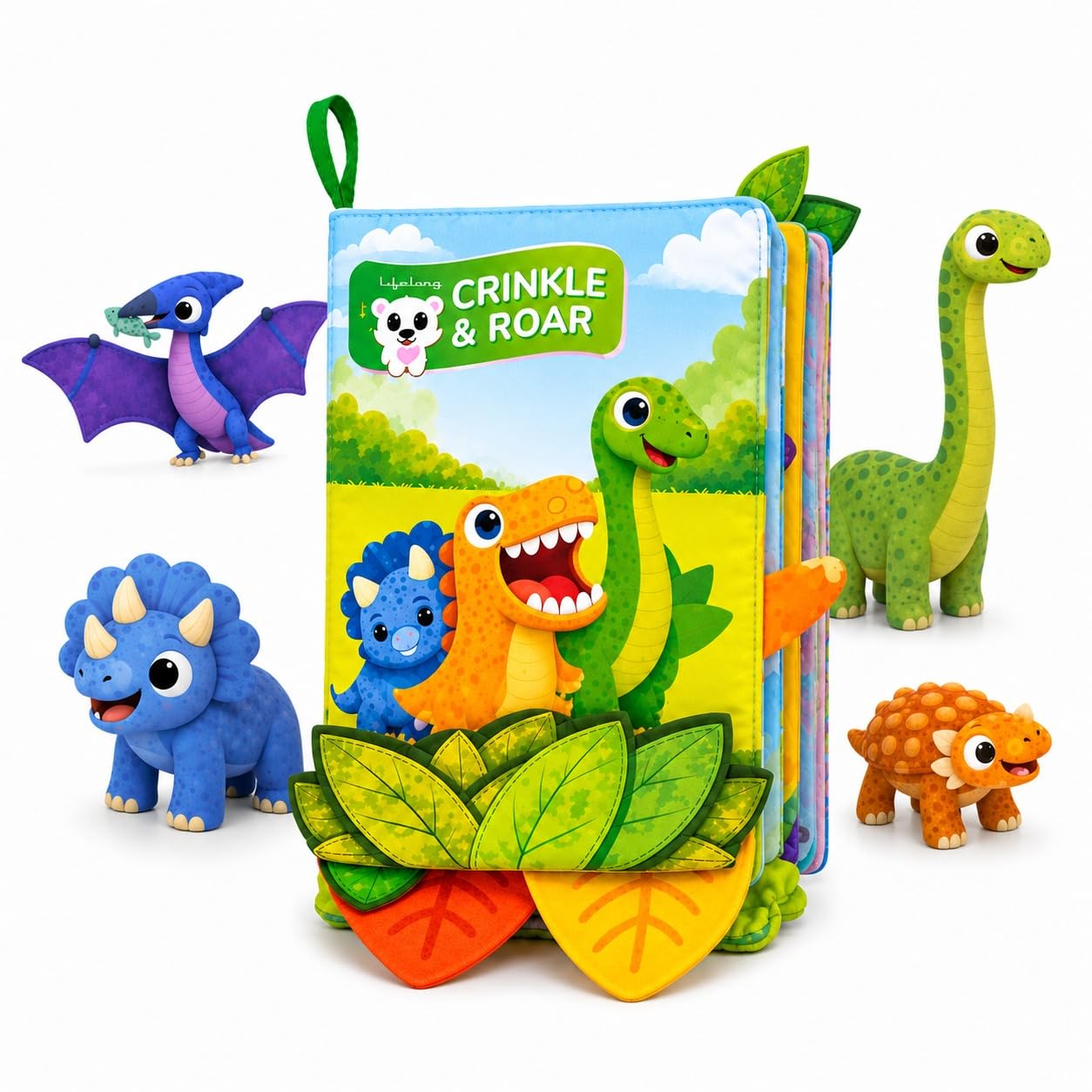 Lifelong Dino Cloth Book For Babies | NonToxic & Bis Certified With Crinkle Pages | Busy Book With Dinosaur PeekABoo Flaps | 
