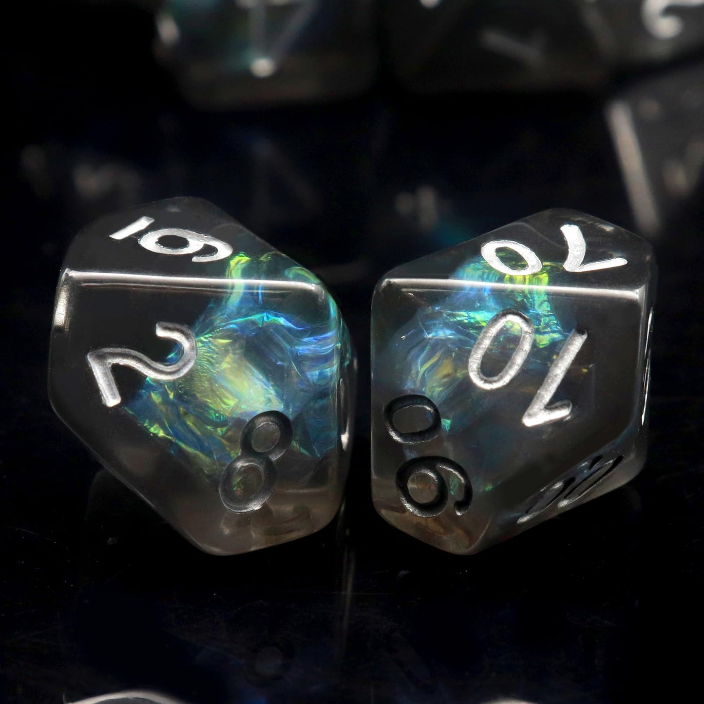 PJOY Black Resin Dice Set DND Dice with Iridescent Mylar Inclusion Polyhedral Dice D&D Dungeons and Dragons Accessories Gifts