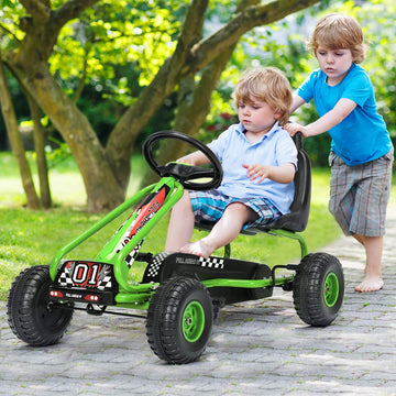Costzon Go Kart For Kids, 4 Wheel Pedal Powered Go Cart With Adjustable Seat, Handbrake & Non-Slip Wheels, Outdoor Racer Ride On Pedal Car, Gift For Boys Girls (Green)