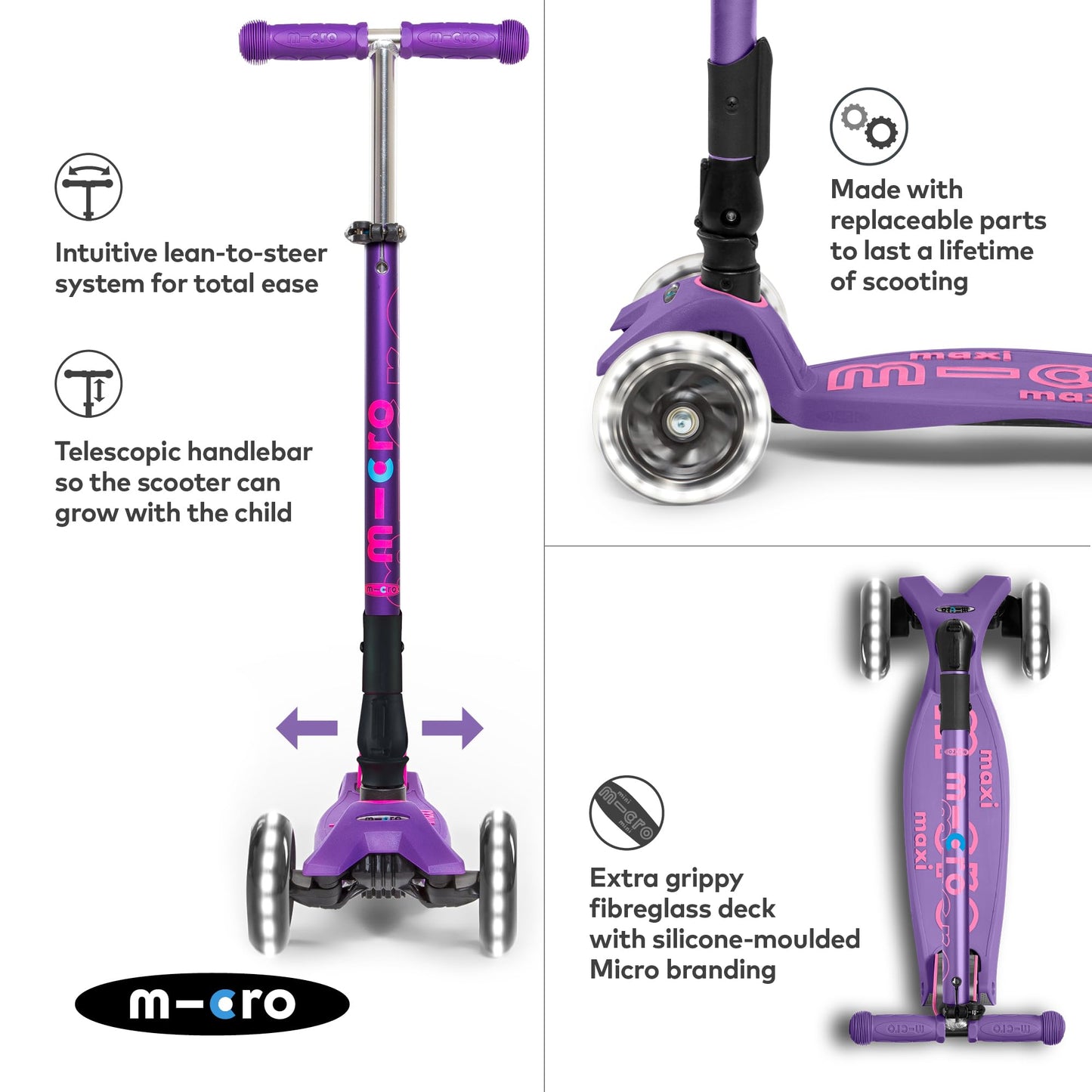 Micro Kickboard Maxi Deluxe Scooter - Foldable, LED Wheels, Purple, Ages 5-12, Swiss Design, Model MMD0100