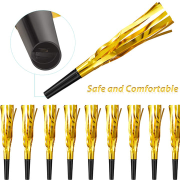 Sumind 24 Pieces Gold Noise Makers Glitter Noise Makers Metallic Fringed Party Blowers for Adults Birthday Graduation Sporting E