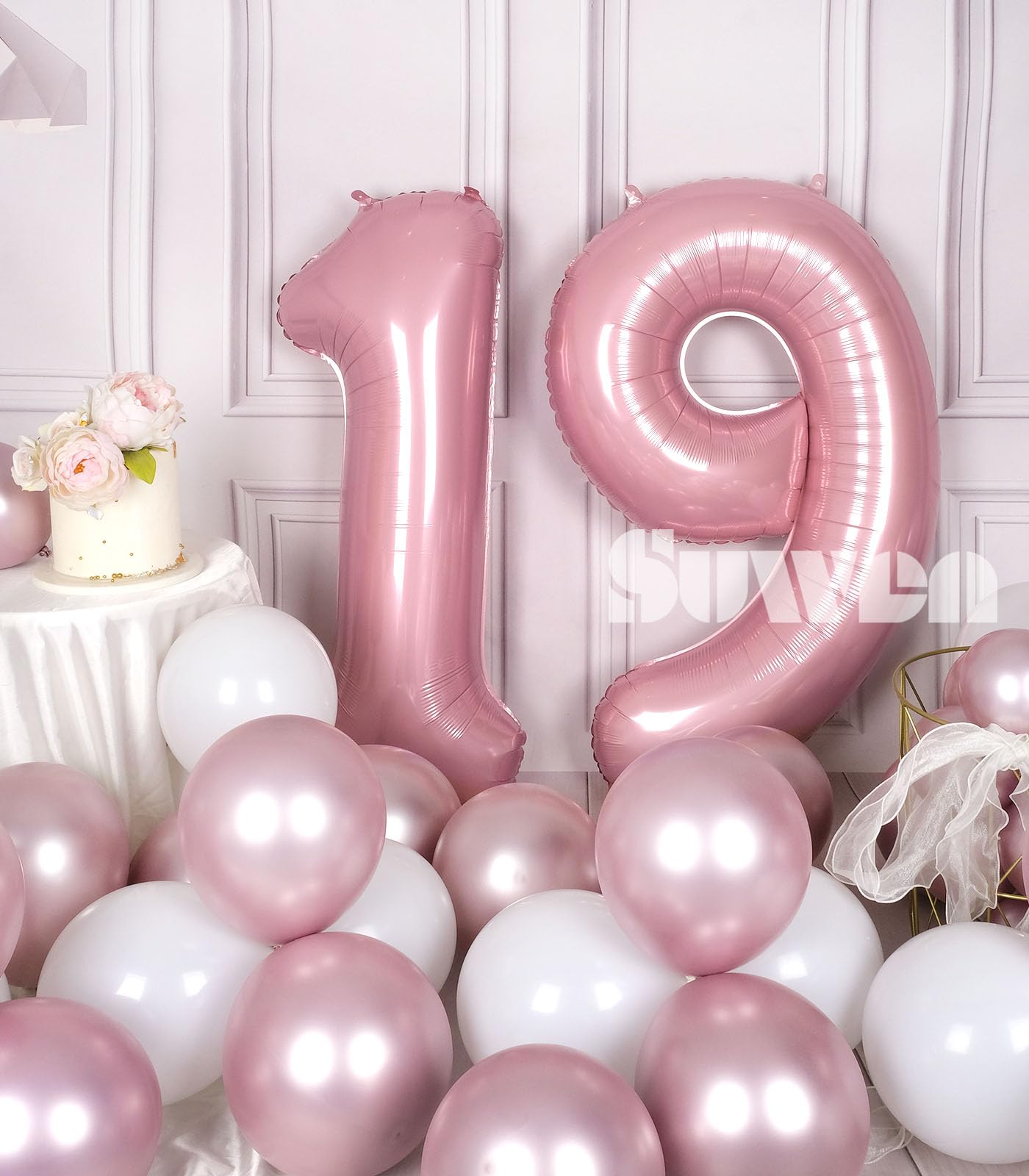 SUWEN 40 Inch Pink Foil Number Balloons 0-9 Jumbo Mylar Birthday Party Decorations for Girls, Women, and 19th Anniversary Supplies