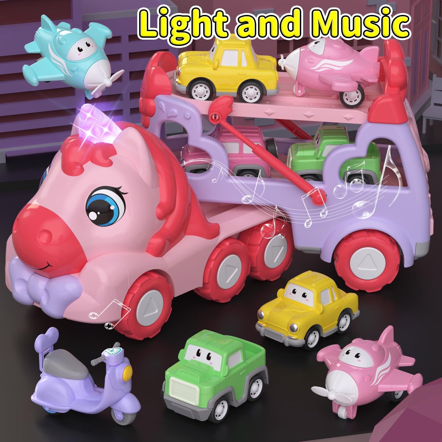 newcrave Toys for 1 2 3 Year Old Girl, 7-in-1 Unicorn Carrier Truck Toy for Girls, Toy Cars with Light & Music, Toddler Girl Toy