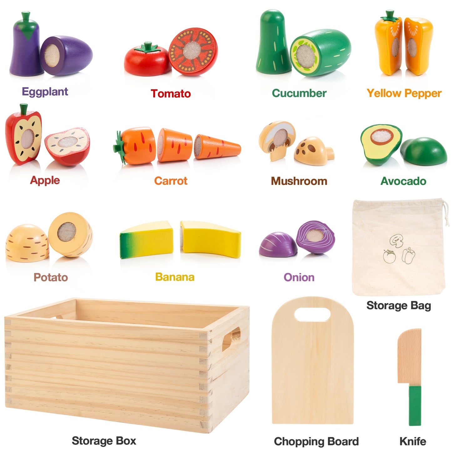 Wooden Play Food Set for Kids Kitchen | Velcro Chopping Veggies & Fruits Toy Food Set with Storage Case & Bag, Play Kitchen Acce
