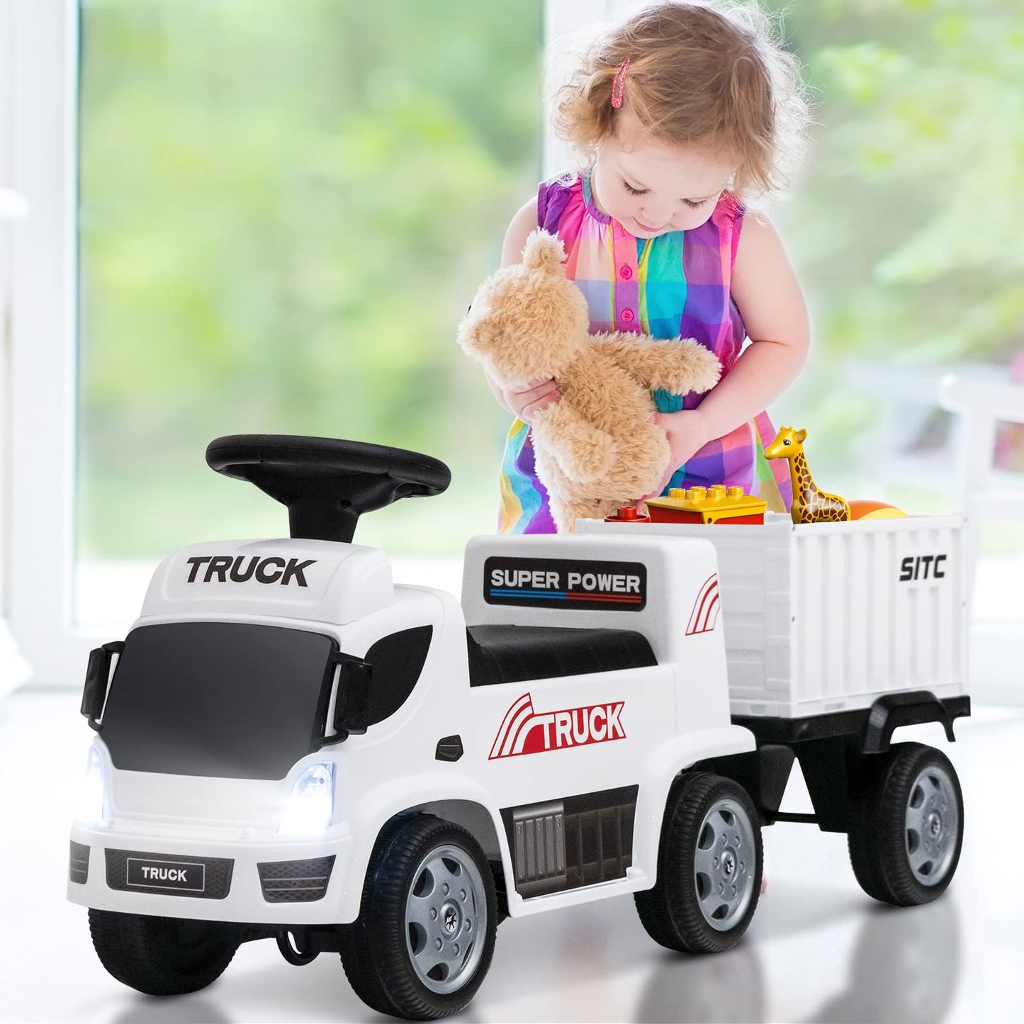 Olakids Kids Ride On Push Car, 2 In 1 Foot-To-Floor Sliding Truck With Detachable Trailer, Steering Wheel, Headlights, Music, Alarm Sound, Toy Walker Gift For Toddlers Age 1.5-3 Boys Girls (White)