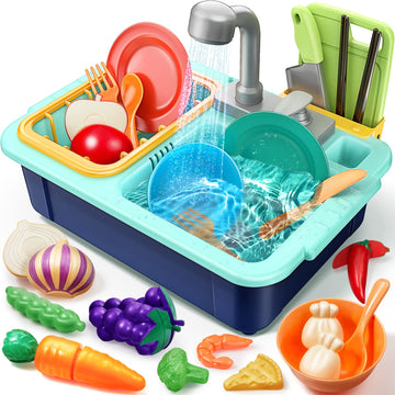 Play Sink with Running Water, Geyiie Kitchen Sink Toys for Girls Boys Kids Toddlers Pets with Automatic Water Cycle System, Dish
