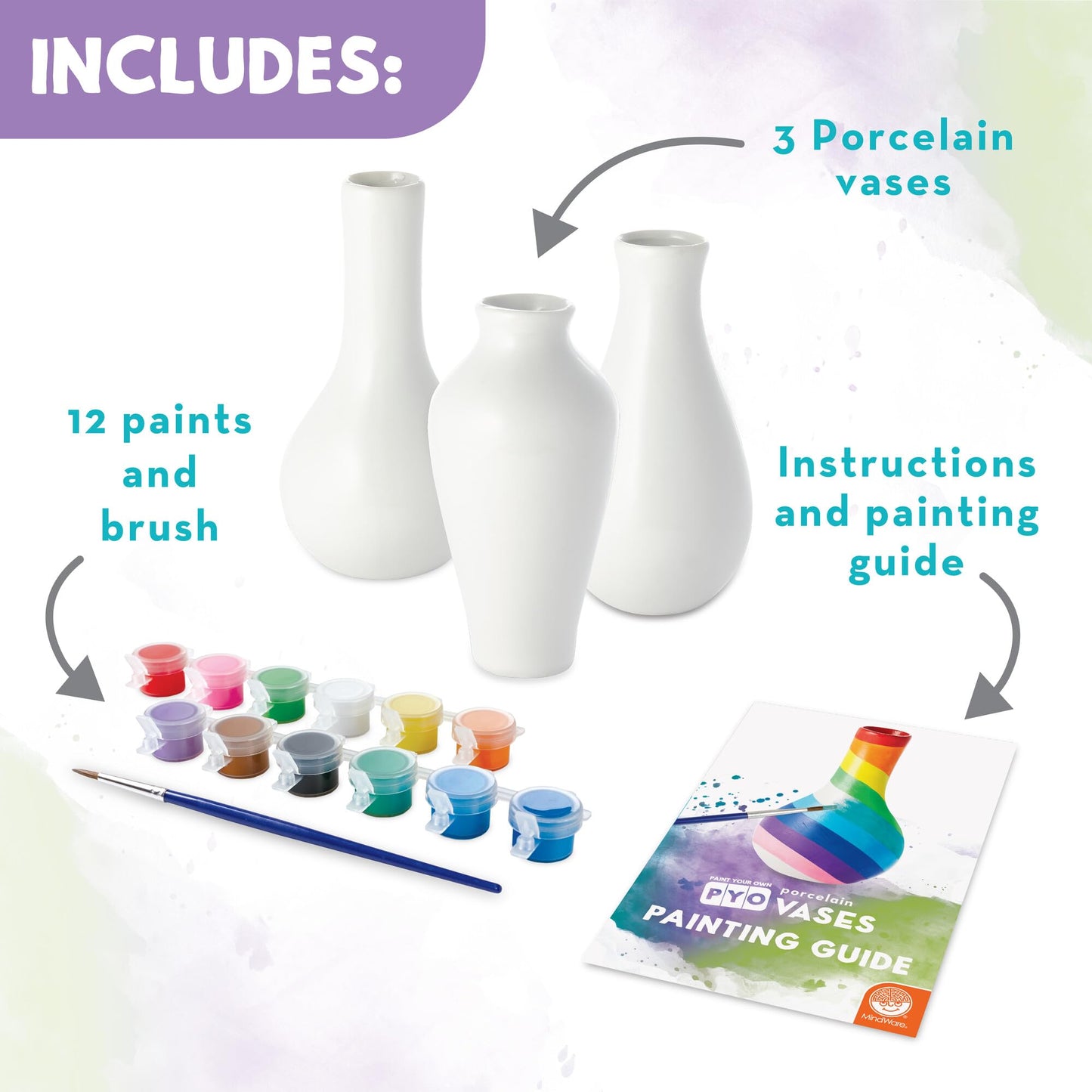 MindWare Paint Your Own Vases Craft Kit - 16 Piece Set, 3 Porcelain Vases, 12 Paint Colors, Multicolor