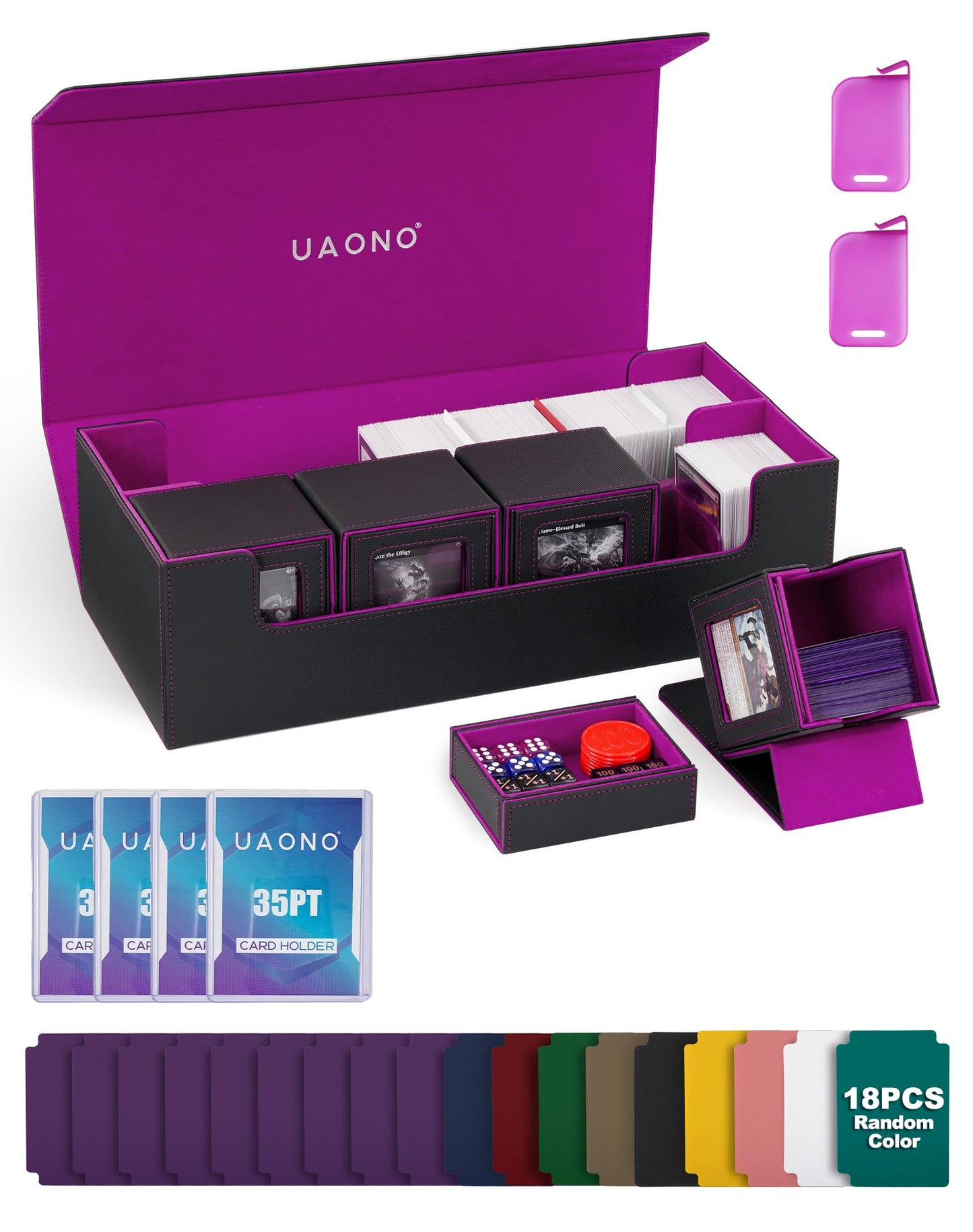 UAONO Card Storage Box for Trading Cards  5 in 1 Card Deck Case with 4 Pcs Small Commander Deck Box  Large Card Box for MTG/TCG/PTCG Magic Sports Cards Game Playmat (Black  Purple)