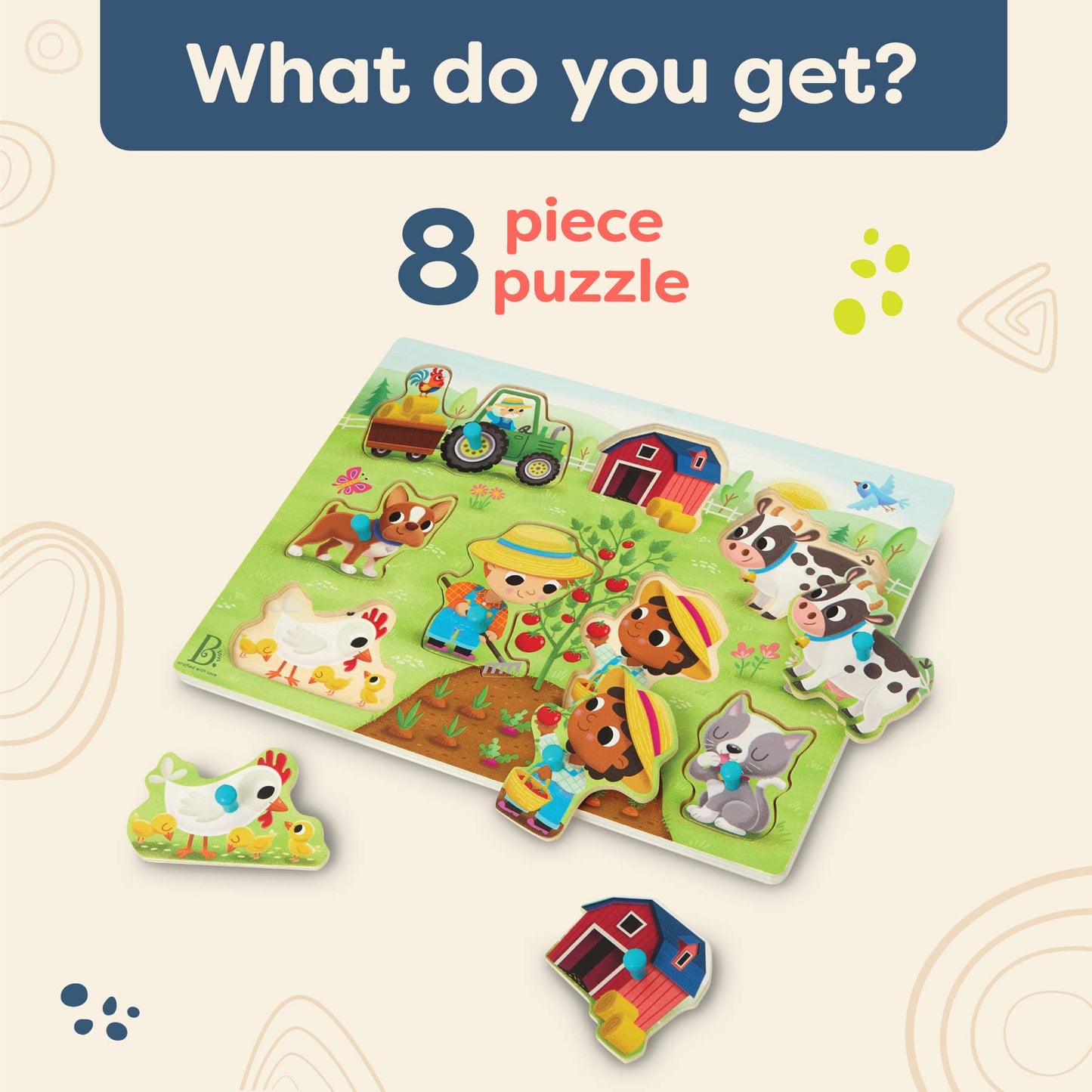 B. Toys- Peek & Explore - Barnyard- Wooden Peg Puzzle – Farm Puzzle For Toddlers, Kids – 8 Barnyard Pieces – Barn, Animals, Farmers & More – 2 Years +