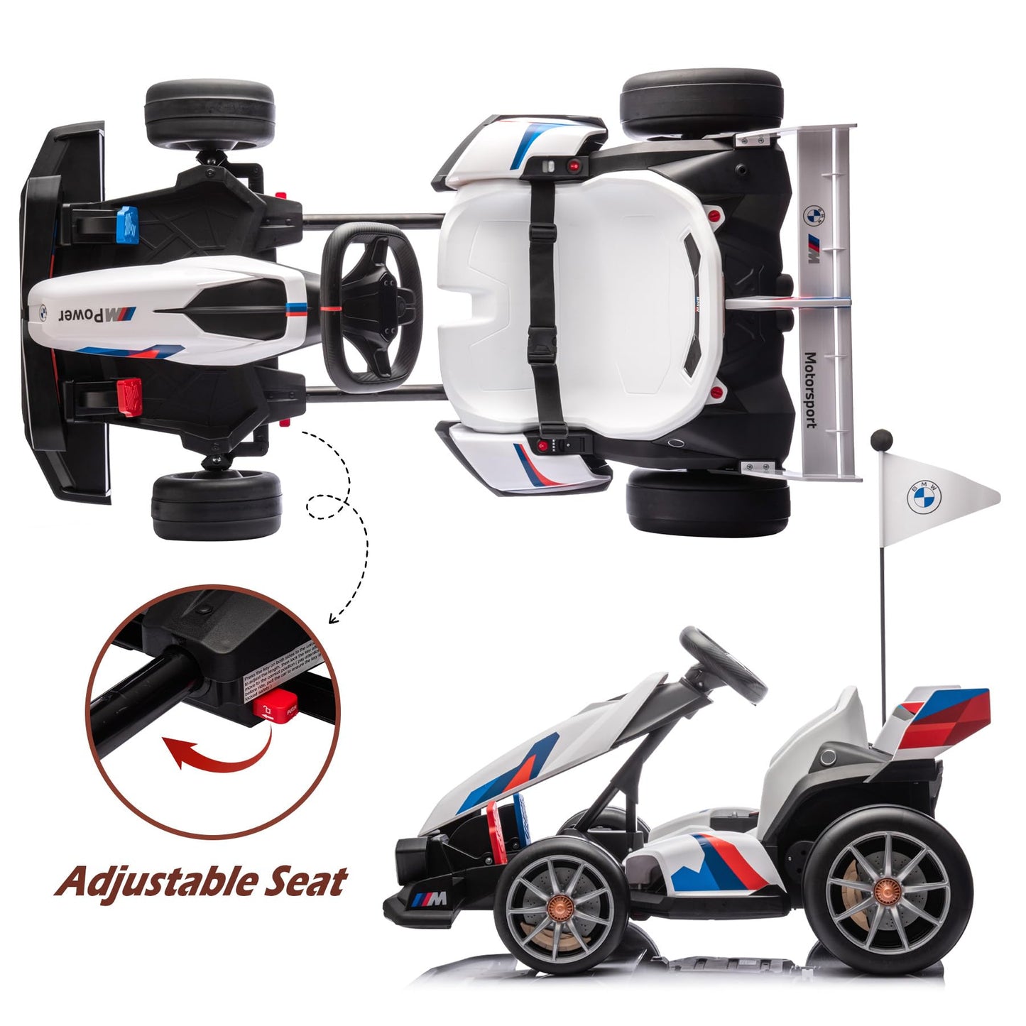 24V Electric Go Kart for Kids, Drift Racing Go Kart, Licensed BMW 7.5 MPH Electric Go Kart with Drift Race Pedal, Adjustable Sea