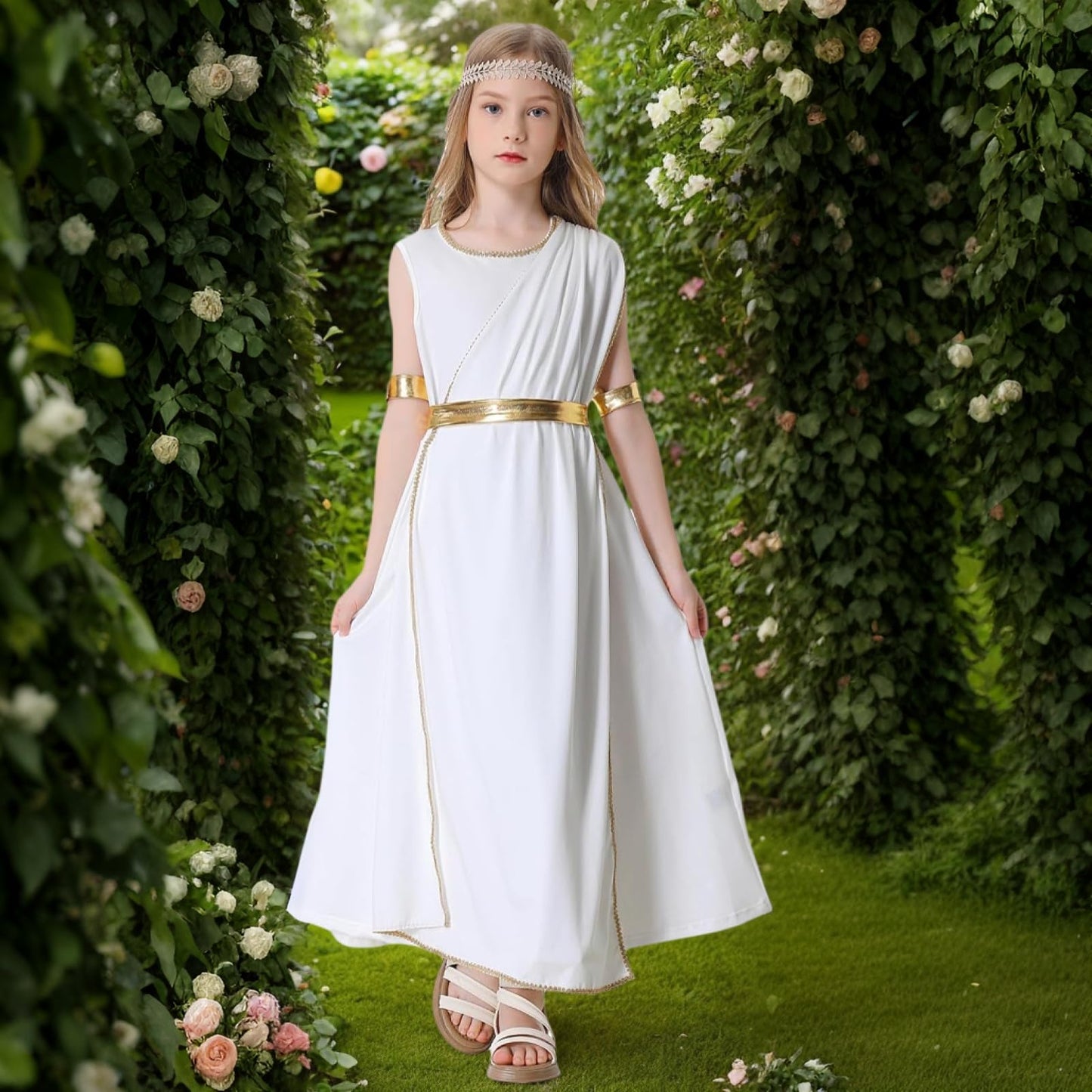 Lmyove Greek Goddess Costume Girls, White Goddess Dress With Gold Leaf Headband, Toga Costume 4 Pcs, Halloween Rome Princess Out