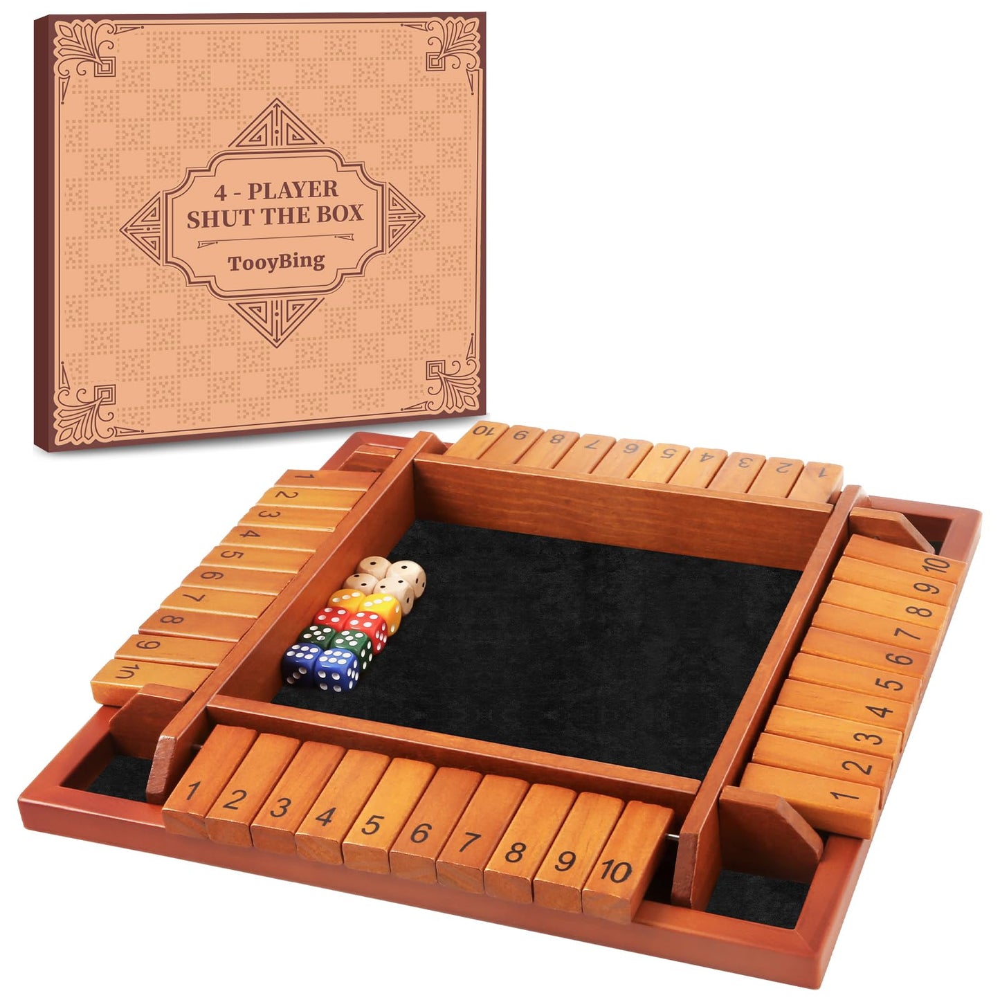 Tooybing Upgraded 1-4 Players Shut The Box Dice Game, Wooden Board Table Family Game For Kids And Adults With 12 Dice, Classic T