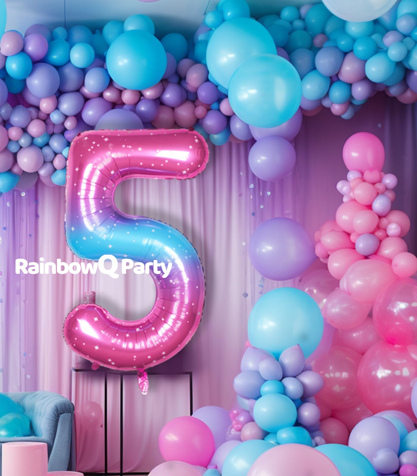 Rainbowq 5 Balloon Number 40 Inch For Boy Or Girl Big Starry 0-9 Foil Mylar Large Number 5 Balloon Happy 5Th Birthday Party Anni