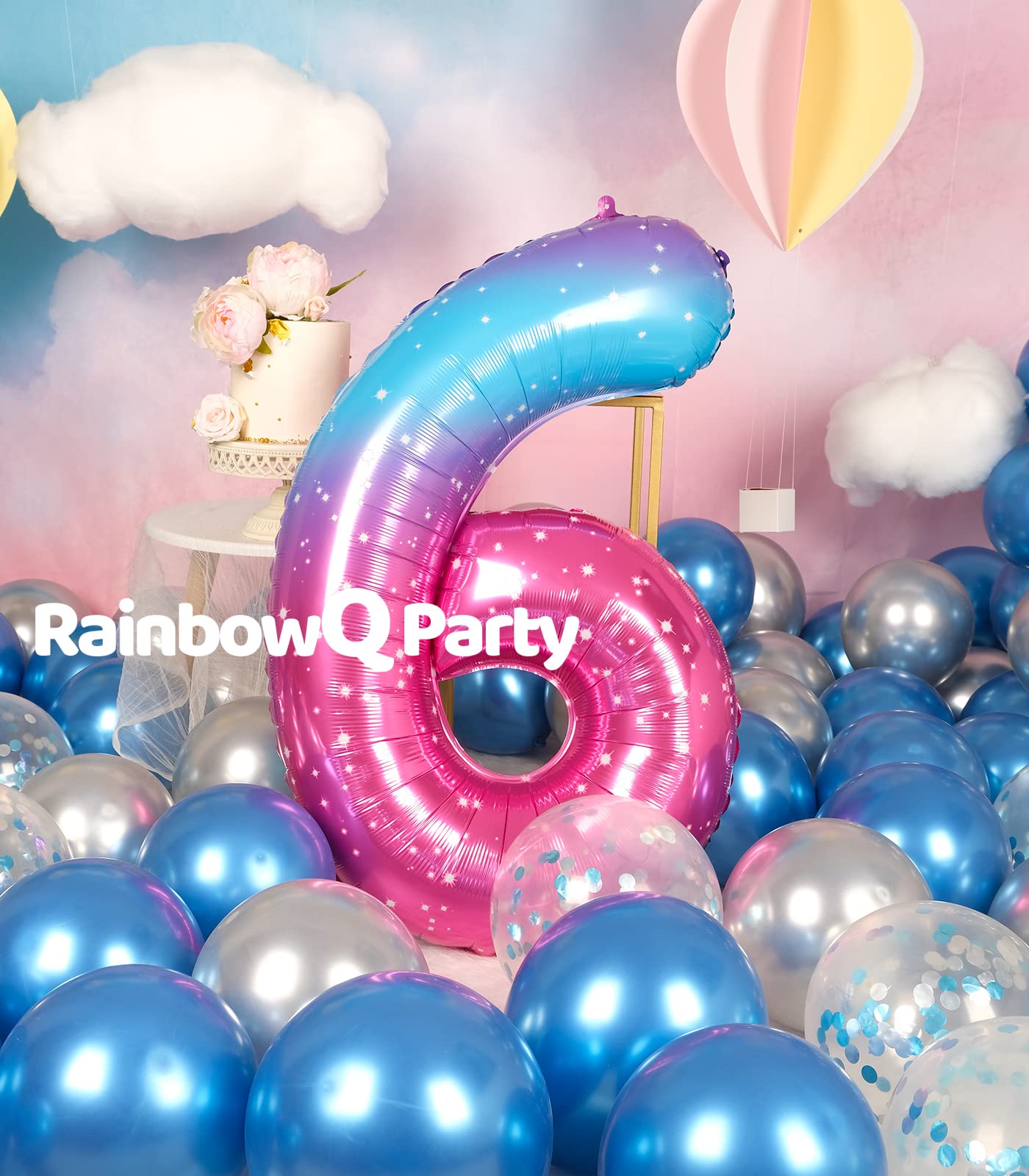Rainbowq 6 Balloon Number 40 Inch For Boy Or Girl Big Starry 0-9 Foil Mylar Large 6 Number Balloon Happy 6Th Birthday Party Anni