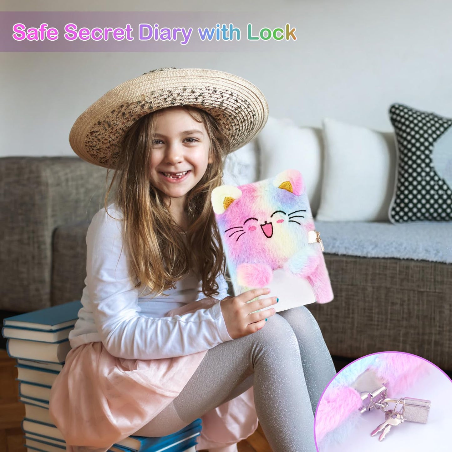 Cat Diary With Lock, Gift For 6 7 8 Year Old Girl, Secret Diary Journal Notebook With Coin Purse, Multicolored Pen, Post-It Note