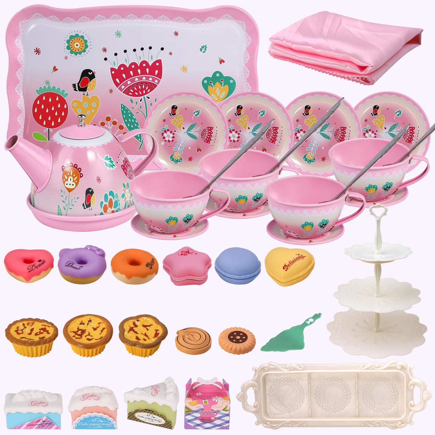 Tea Party Set for Little Girls,PRE-WORLD Princess Tea Time Toy Including Dessert,Cookies,Doughnut,Teapot Tray Cake, Tablecloth &