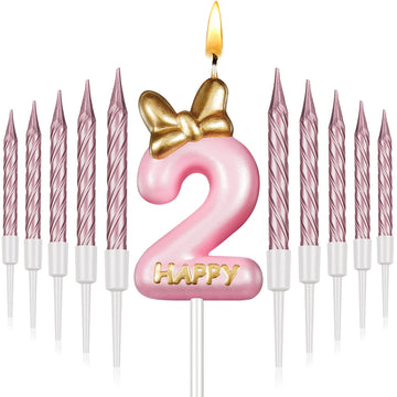 Pink Birthday Candle Girl,Number Birthday Cake Topper with 10 Pieces Rose Gold Birthday Candles Long Thin Cupcake Candles in Hol