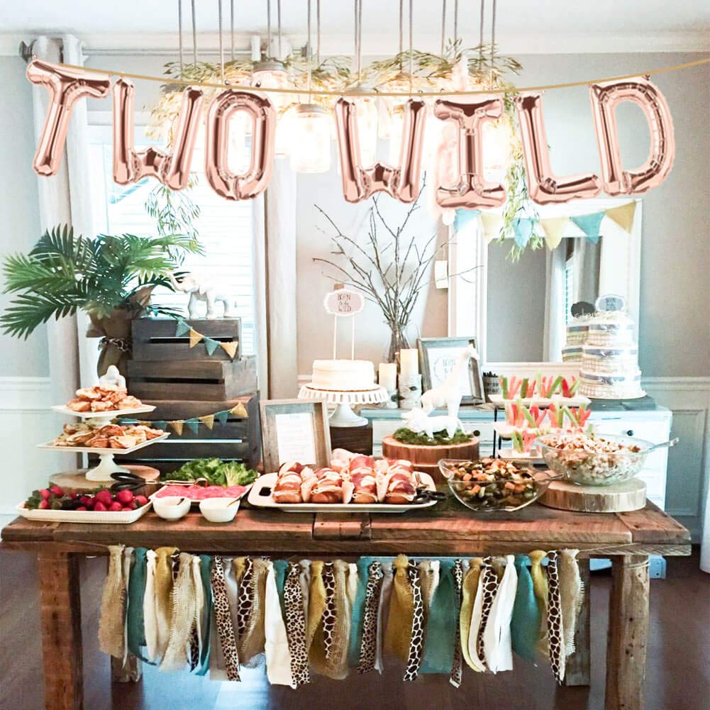Safari Two Wild Birthday Party Decorations, Rose Gold Two Wild Balloons Banner For Boy Or Girl Jungle Safari 2Nd Birthday Party