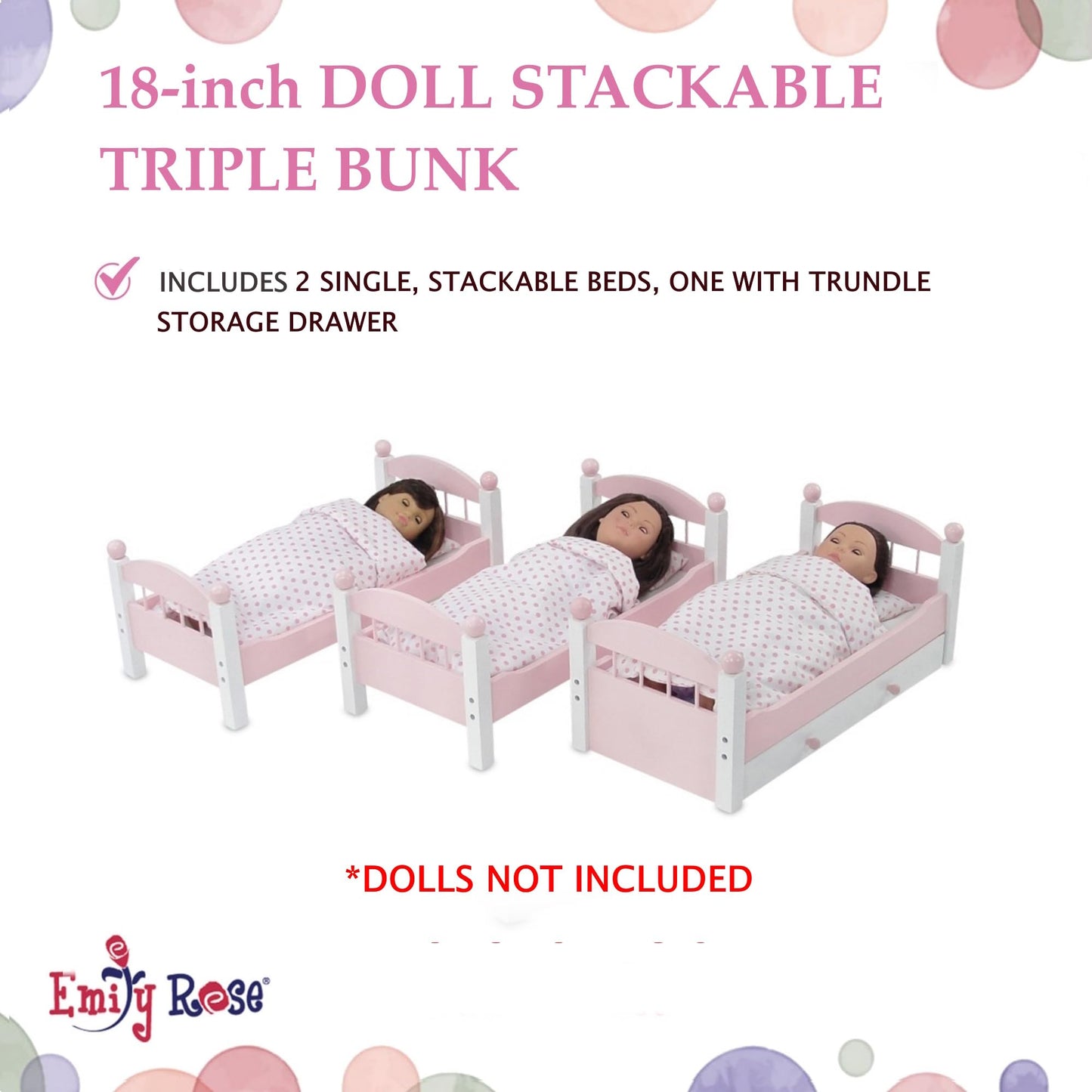Emily Rose Doll Clothes Triple Bunk Bed, 18 Inch Doll Bedroom Furniture 3 Single Stackable Beds, Wooden Doll Accessories Bunkbed 18-In Doll Bedding, Toy Playsets - Fits 15' - 19' Dolls