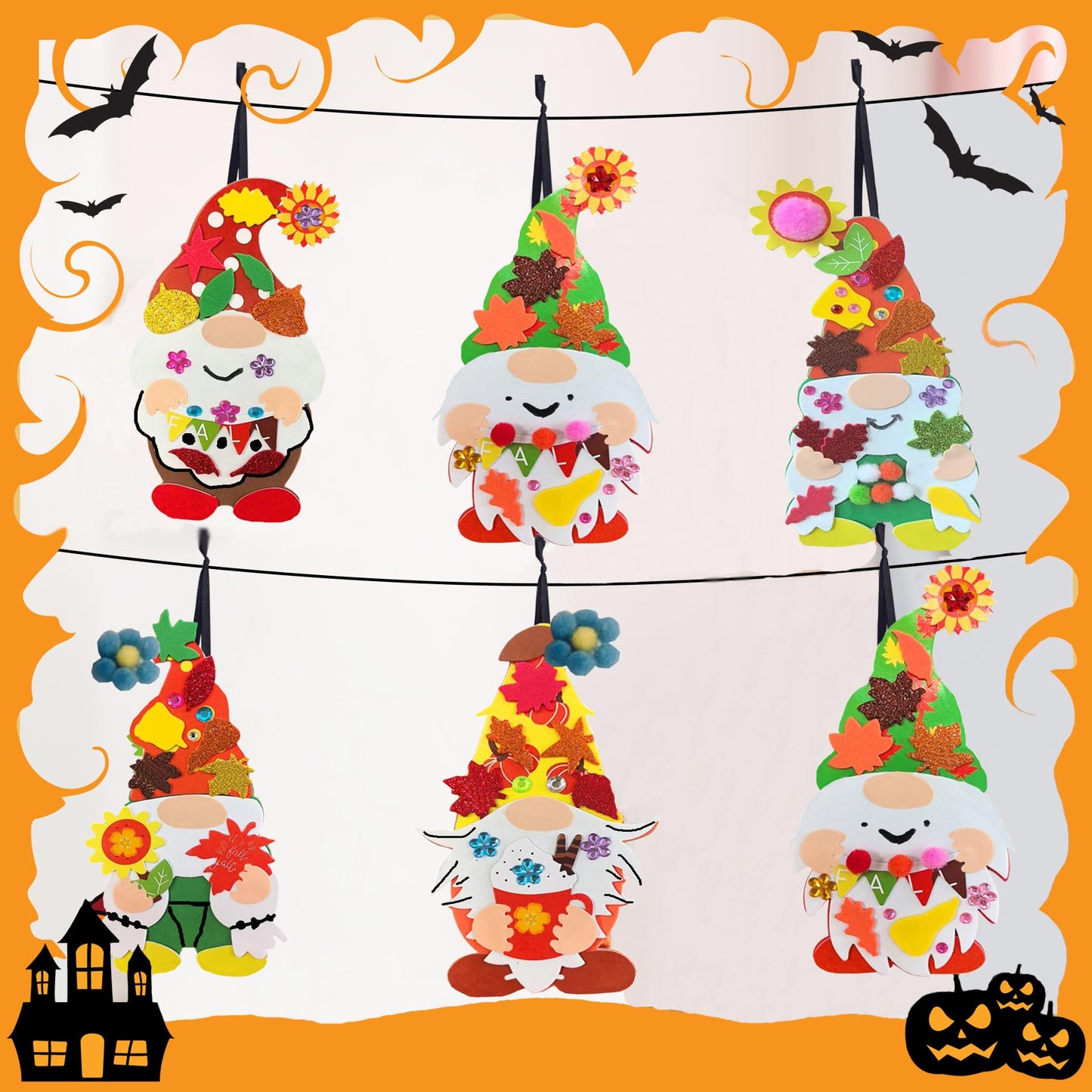 24 Sets Fall Gnome Crafts Kits for Kids,DIY Fall Harvest Gnomes Ornaments Decorations Art with Leaf Pumpkin Sunflower Foam Stick