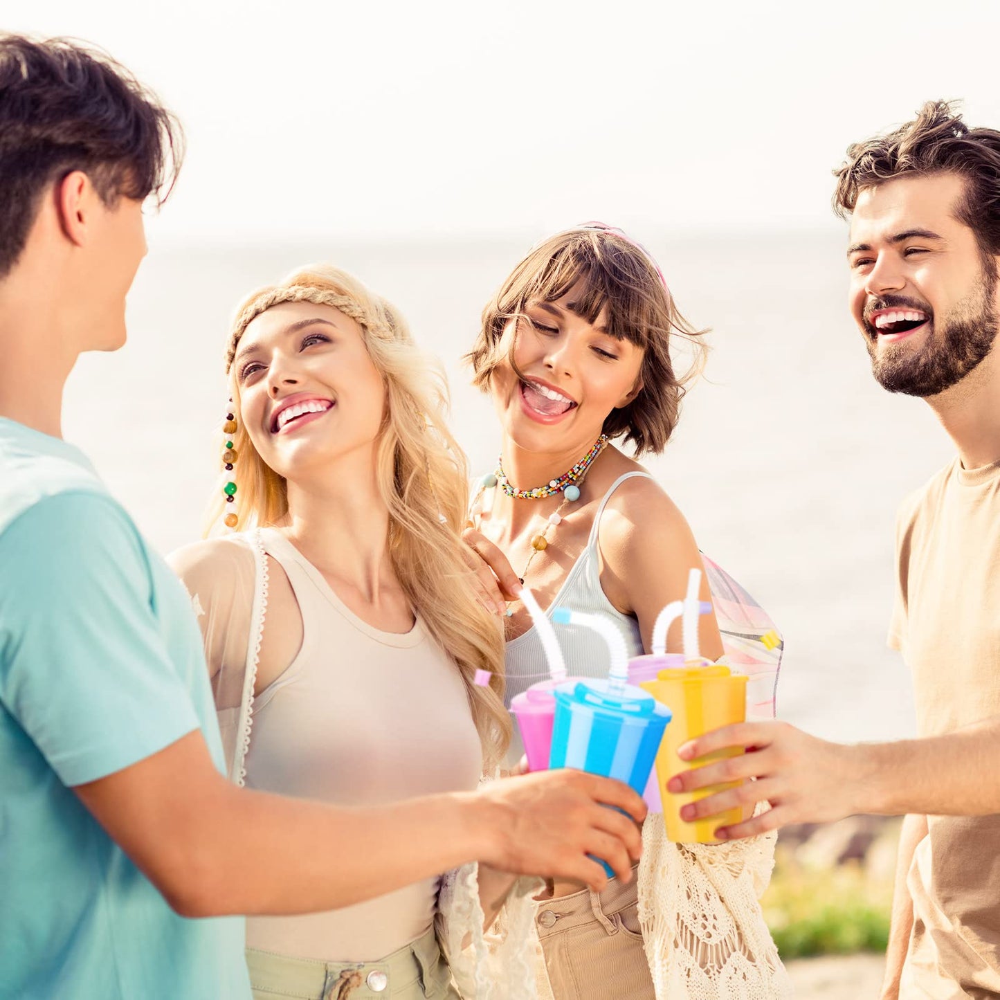 Zubebe 24 Pcs Neon Straws Cups 12 oz Colorful Neon Cups with Sipper and Lids Plastic Favor Reusable Straw for Birthday Party Eve