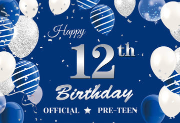 12Th Birthday Backdrop Banner, Navy Blue Silver Official Pre-Teen 12Th Birthday Photography Background, 12 Years Old Boys Birthd