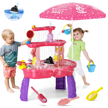 Sand Water Table Toys For Toddlers 1-3 3-5 With Umbrella, 3-Tier Kids Outdoor Water Tables Toy, Auto Electric Pump Sensory Play