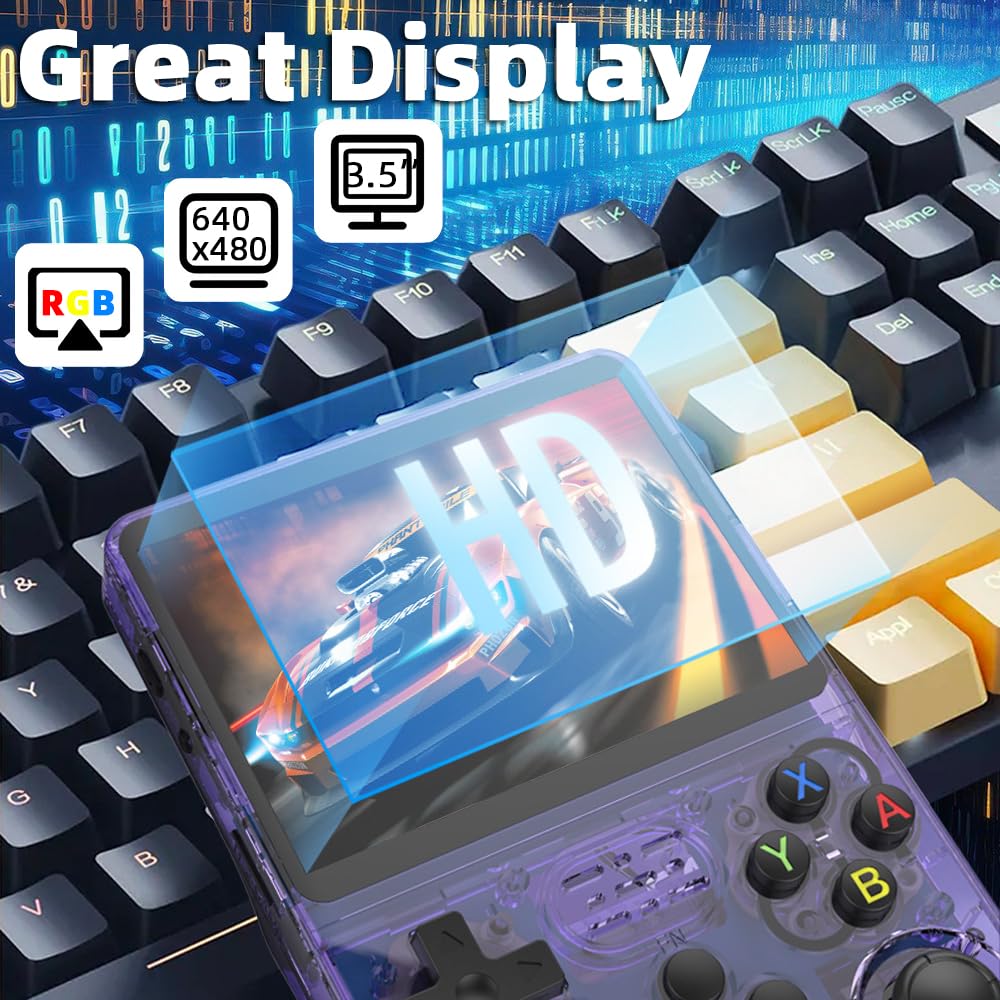 R36S Handheld Game Console 3.5-in 640*480 IPS OCA Screen 3200mAh Opensource System Purple Transparent