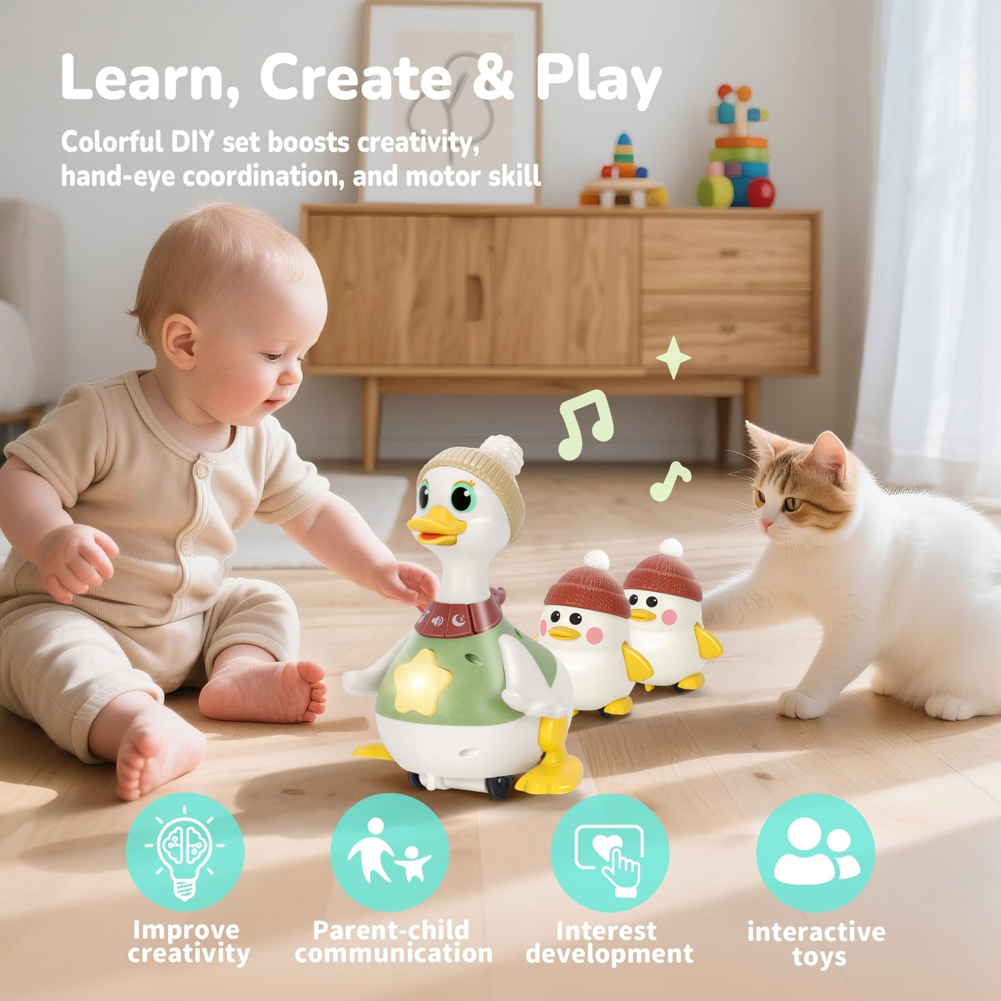 Hestiasko Dancing Duck Toy For Babies 6-36 Months, Musical Crawling & Tummy Time Toy Set With Magnetic, Learning Crawl Interacti