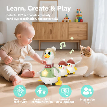Hestiasko Dancing Duck Toy For Babies 6-36 Months, Musical Crawling & Tummy Time Toy Set With Magnetic, Learning Crawl Interacti