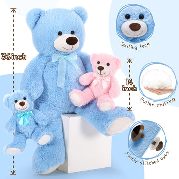 Morismos Giant Teddy Bears With Babies, Large Mommy Bear With 2 Babies Stuffed Animals For Baby Shower, Big Bear Plush For Christmas, Blue, 36 Inch